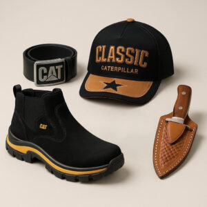 Kit Caterpillar - Botina + Boné + Cinto +  Faca + Relógio (Oferta do Agricultor, Só Hoje!)